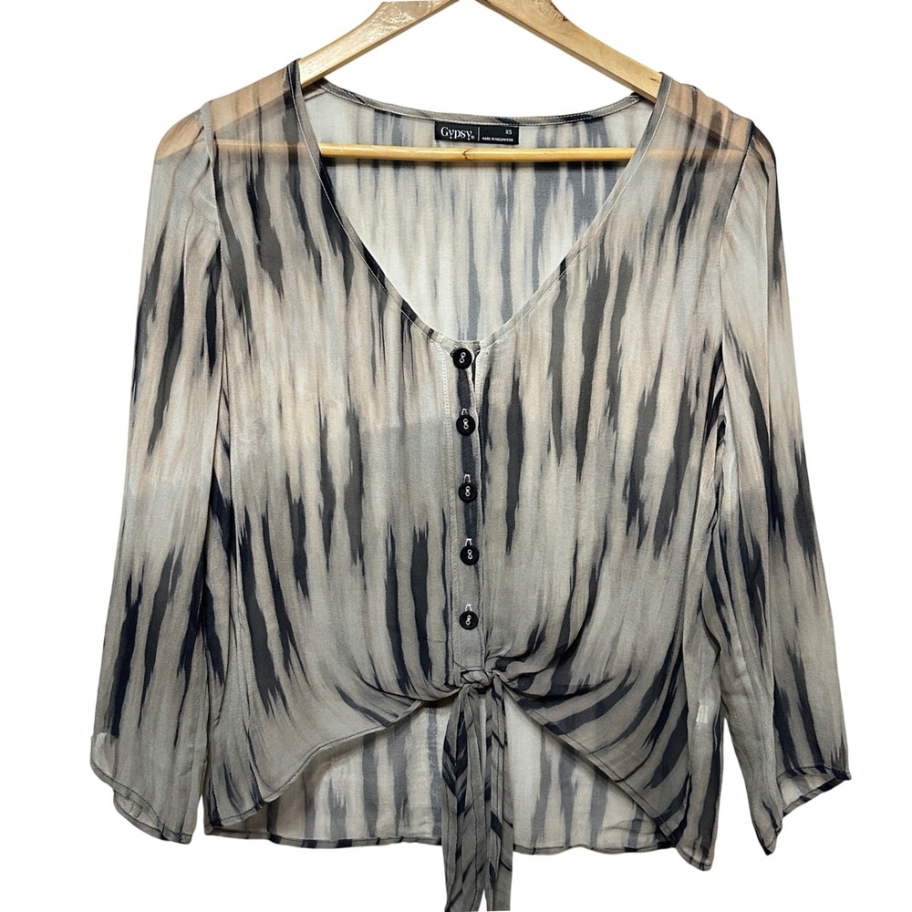 Gypsy 05 Silk Blouse Womens XS Grey Tie Front Sheer Abstract Boho‎ Chic